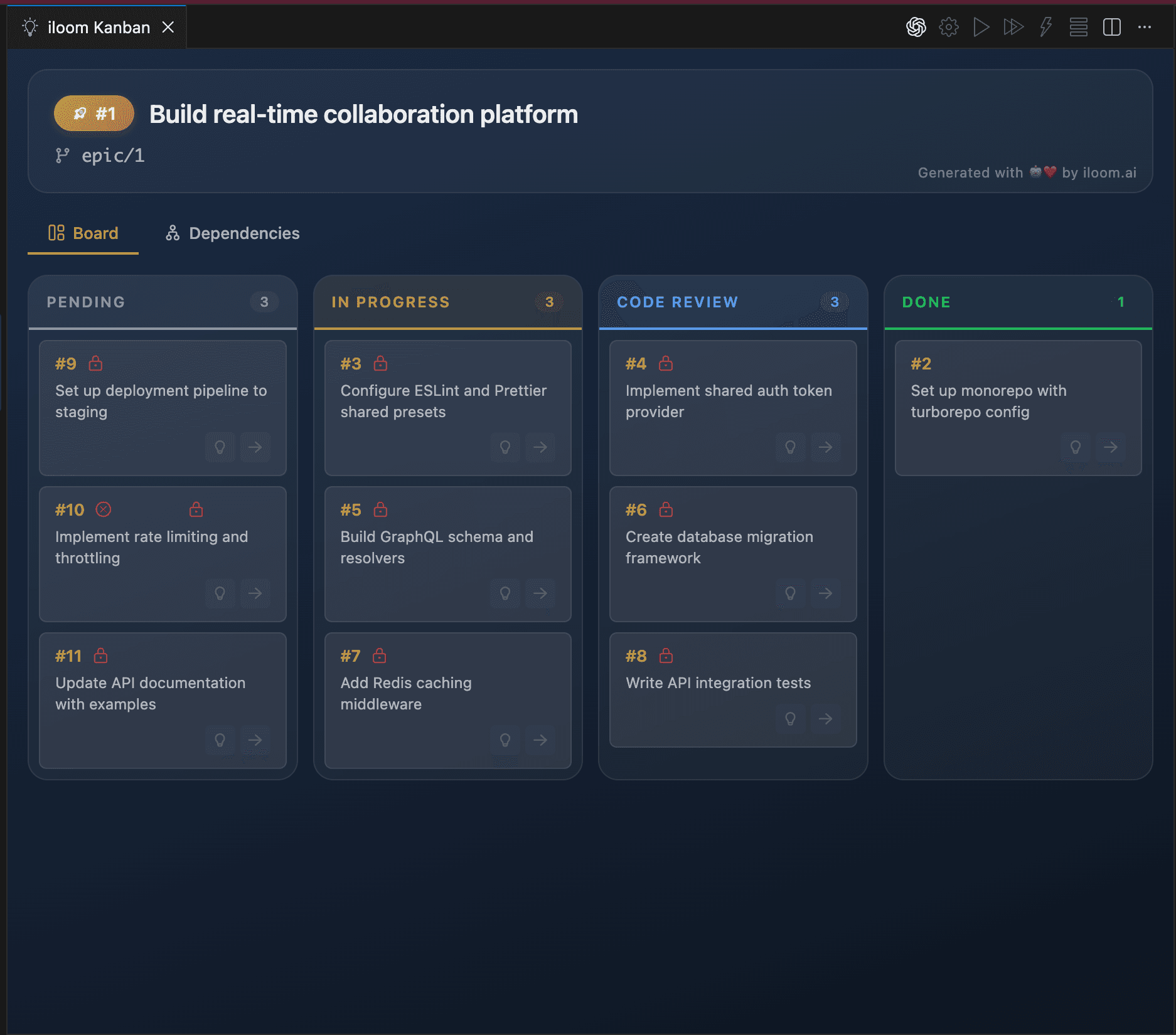 iloom Kanban board showing 10 issues across Pending, In Progress, Code Review, and Done columns for a real-time collaboration platform project
